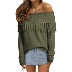 imageEVALESS Womens Off The Shoulder Sweater Fall Fringe Long Sleeve Loose Pullover Sweaters TopsJungle Green