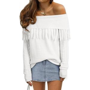 imageEVALESS Womens Off The Shoulder Sweater Fall Fringe Long Sleeve Loose Pullover Sweaters TopsWhite