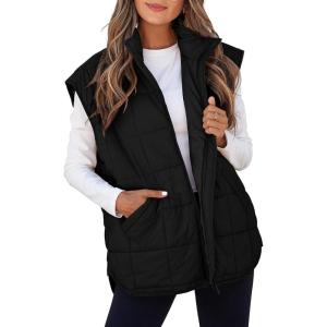 imageEVALESS Womens Puffer Vest Zip Up Cap Sleeve Jackets Travel Fall Outfits 2025 Fashion Warm Winter Coats With PocketsBlack