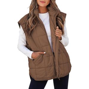 imageEVALESS Womens Puffer Vest Zip Up Cap Sleeve Jackets Travel Fall Outfits 2025 Fashion Warm Winter Coats With PocketsCoffee