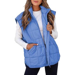 imageEVALESS Womens Puffer Vest Zip Up Cap Sleeve Jackets Travel Fall Outfits 2025 Fashion Warm Winter Coats With PocketsDark Blue