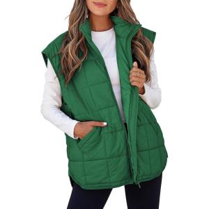 imageEVALESS Womens Puffer Vest Zip Up Cap Sleeve Jackets Travel Fall Outfits 2025 Fashion Warm Winter Coats With PocketsDark Green
