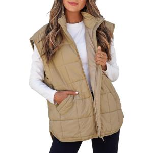 imageEVALESS Womens Puffer Vest Zip Up Cap Sleeve Jackets Travel Fall Outfits 2025 Fashion Warm Winter Coats With PocketsKhaki