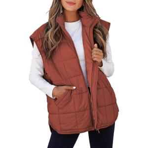 imageEVALESS Womens Puffer Vest Zip Up Cap Sleeve Jackets Travel Fall Outfits 2025 Fashion Warm Winter Coats With PocketsRed
