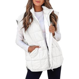 imageEVALESS Womens Puffer Vest Zip Up Cap Sleeve Jackets Travel Fall Outfits 2025 Fashion Warm Winter Coats With PocketsWhite