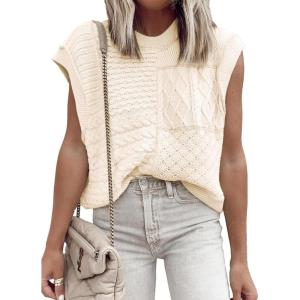 imageEVALESS Womens Short Sleeve Sweater Summer Fall 2025 Round Neck Crochet Pullover Cap Sleeve Knit Oversized Sweater Vest TopsBeige