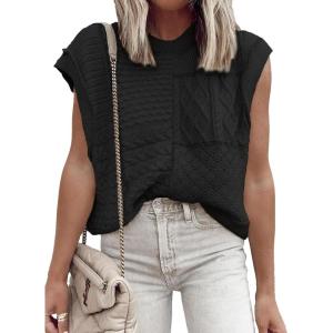 imageEVALESS Womens Short Sleeve Sweater Summer Fall 2025 Round Neck Crochet Pullover Cap Sleeve Knit Oversized Sweater Vest TopsBlack