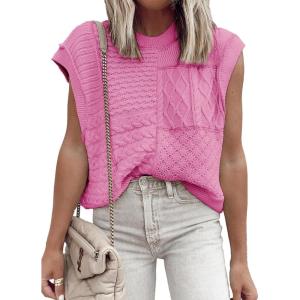 imageEVALESS Womens Short Sleeve Sweater Summer Fall 2025 Round Neck Crochet Pullover Cap Sleeve Knit Oversized Sweater Vest TopsBright Pink