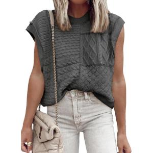 imageEVALESS Womens Short Sleeve Sweater Summer Fall 2025 Round Neck Crochet Pullover Cap Sleeve Knit Oversized Sweater Vest TopsDark Grey