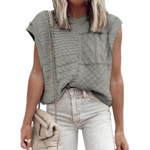imageEVALESS Womens Short Sleeve Sweater Summer Fall 2025 Round Neck Crochet Pullover Cap Sleeve Knit Oversized Sweater Vest TopsGray