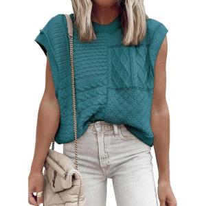 imageEVALESS Womens Short Sleeve Sweater Summer Fall 2025 Round Neck Crochet Pullover Cap Sleeve Knit Oversized Sweater Vest TopsLapis