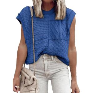 imageEVALESS Womens Short Sleeve Sweater Summer Fall 2025 Round Neck Crochet Pullover Cap Sleeve Knit Oversized Sweater Vest TopsSky Blue