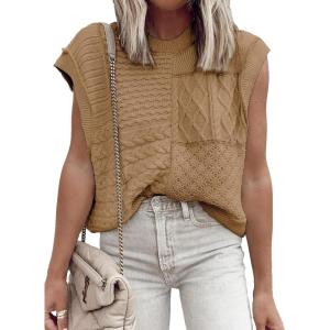 imageEVALESS Womens Short Sleeve Sweater Summer Fall 2025 Round Neck Crochet Pullover Cap Sleeve Knit Oversized Sweater Vest TopsSmoke Gray