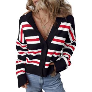 imageEVALESS Womens Striped Cardigan Sweaters Trendy Lightweight Chunky Knit Cropped Sweaters Outfits Outerwear CoatsBlack