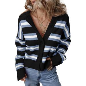 imageEVALESS Womens Striped Cardigan Sweaters Trendy Lightweight Chunky Knit Cropped Sweaters Outfits Outerwear CoatsBlack Stripe
