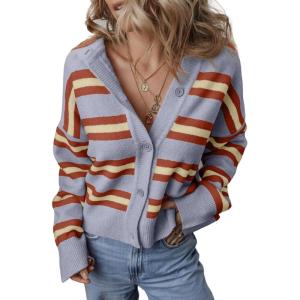 imageEVALESS Womens Striped Cardigan Sweaters Trendy Lightweight Chunky Knit Cropped Sweaters Outfits Outerwear CoatsGray Stripe