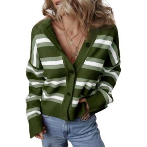 imageEVALESS Womens Striped Cardigan Sweaters Trendy Lightweight Chunky Knit Cropped Sweaters Outfits Outerwear CoatsGreen Stripe