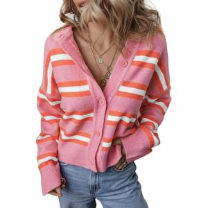 imageEVALESS Womens Striped Cardigan Sweaters Trendy Lightweight Chunky Knit Cropped Sweaters Outfits Outerwear CoatsPink Stripe