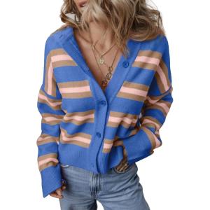 imageEVALESS Womens Striped Cardigan Sweaters Trendy Lightweight Chunky Knit Cropped Sweaters Outfits Outerwear CoatsSky Blue Stripe