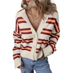 imageEVALESS Womens Striped Cardigan Sweaters Trendy Lightweight Chunky Knit Cropped Sweaters Outfits Outerwear CoatsWhite Stripe