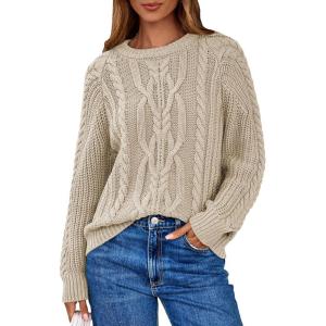 imageEVALESS Womens Sweaters Casual Crewneck Long Sleeve Cable Knit Chunky Lightweight Oversized Sweater Pullover OutfitsApricot