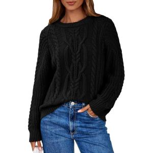 imageEVALESS Womens Sweaters Casual Crewneck Long Sleeve Cable Knit Chunky Lightweight Oversized Sweater Pullover OutfitsBlack