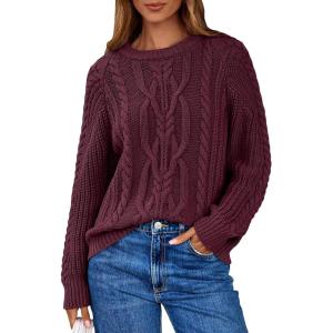 imageEVALESS Womens Sweaters Casual Crewneck Long Sleeve Cable Knit Chunky Lightweight Oversized Sweater Pullover OutfitsBurgundy