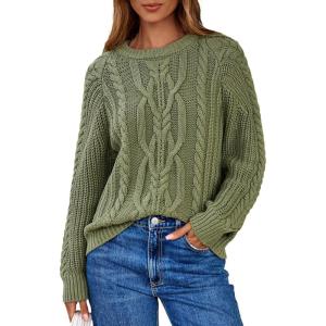 imageEVALESS Womens Sweaters Casual Crewneck Long Sleeve Cable Knit Chunky Lightweight Oversized Sweater Pullover OutfitsVineyard Green