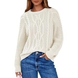 imageEVALESS Womens Sweaters Casual Crewneck Long Sleeve Cable Knit Chunky Lightweight Oversized Sweater Pullover OutfitsWhite