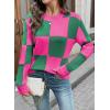 imageEVALESS Sweaters for Women Crewneck Long Sleeve Color Block Casual Knit Tops 2025 Fall Fashion Checkered Pullover SweaterRose Red