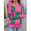 imageEVALESS Sweaters for Women Crewneck Long Sleeve Color Block Casual Knit Tops 2025 Fall Fashion Checkered Pullover SweaterRose Red