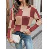 imageEVALESS Sweaters for Women Crewneck Long Sleeve Color Block Casual Knit Tops 2025 Fall Fashion Checkered Pullover SweaterTawny