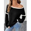 imageEVALESS Womens Sweaters Crewneck Ruffle Long Sleeve Off The Shoulder Sweater Color Block 2025 Trendy Fall Winter Knit TopsBlack