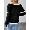 imageEVALESS Womens Sweaters Crewneck Ruffle Long Sleeve Off The Shoulder Sweater Color Block 2025 Trendy Fall Winter Knit TopsBlack