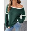 imageEVALESS Womens Sweaters Crewneck Ruffle Long Sleeve Off The Shoulder Sweater Color Block 2025 Trendy Fall Winter Knit TopsBlackish Green