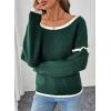 imageEVALESS Womens Sweaters Crewneck Ruffle Long Sleeve Off The Shoulder Sweater Color Block 2025 Trendy Fall Winter Knit TopsBlackish Green