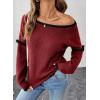 imageEVALESS Womens Sweaters Crewneck Ruffle Long Sleeve Off The Shoulder Sweater Color Block 2025 Trendy Fall Winter Knit TopsBurgundy