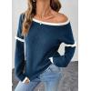 imageEVALESS Womens Sweaters Crewneck Ruffle Long Sleeve Off The Shoulder Sweater Color Block 2025 Trendy Fall Winter Knit TopsNavy Blue