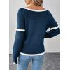 imageEVALESS Womens Sweaters Crewneck Ruffle Long Sleeve Off The Shoulder Sweater Color Block 2025 Trendy Fall Winter Knit TopsNavy Blue