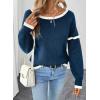 imageEVALESS Womens Sweaters Crewneck Ruffle Long Sleeve Off The Shoulder Sweater Color Block 2025 Trendy Fall Winter Knit TopsNavy Blue