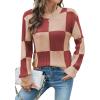 imageEVALESS Sweaters for Women Crewneck Long Sleeve Color Block Casual Knit Tops 2025 Fall Fashion Checkered Pullover SweaterTawny