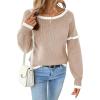 imageEVALESS Womens Sweaters Crewneck Ruffle Long Sleeve Off The Shoulder Sweater Color Block 2025 Trendy Fall Winter Knit TopsLight Khaki