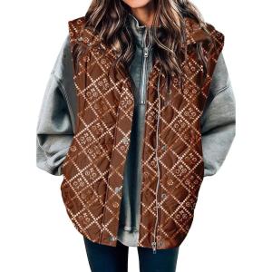 imageEVALESS Cropped Puffer Vest Women Lightweight Quilted Stand Collar Sleeveless Jackets Fall Winter 2025 Button Zip Up CoatPlaid Dark Brown