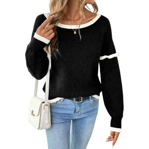 imageEVALESS Womens Sweaters Crewneck Ruffle Long Sleeve Off The Shoulder Sweater Color Block 2025 Trendy Fall Winter Knit TopsBlack