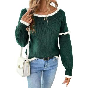 imageEVALESS Womens Sweaters Crewneck Ruffle Long Sleeve Off The Shoulder Sweater Color Block 2025 Trendy Fall Winter Knit TopsBlackish Green