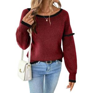 imageEVALESS Womens Sweaters Crewneck Ruffle Long Sleeve Off The Shoulder Sweater Color Block 2025 Trendy Fall Winter Knit TopsBurgundy