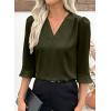 imageEVALESS Womens 34 Sleeve Tops Dressy Casual Pleated V Neck Business Work Blouses Office ShirtsMoss Green
