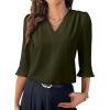 imageEVALESS Womens 34 Sleeve Tops Dressy Casual Pleated V Neck Business Work Blouses Office ShirtsMoss Green