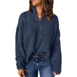 imageEVALESS Quarter Zip Sweaters for Women Waffle Kint Long Sleeve Pullover Sweater Business Casual OutfitsB Blue