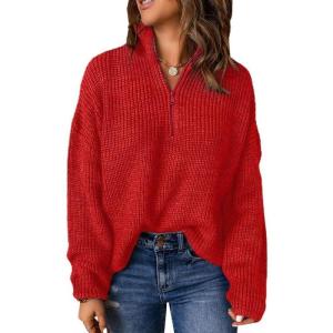 imageEVALESS Quarter Zip Sweaters for Women Waffle Kint Long Sleeve Pullover Sweater Business Casual OutfitsB Cardinal Red